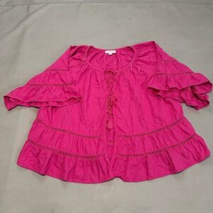 Calligraphie Women Pink Linen Blend Tier Ruffle Sleeve Boho Top Shirt Eyelet-L-